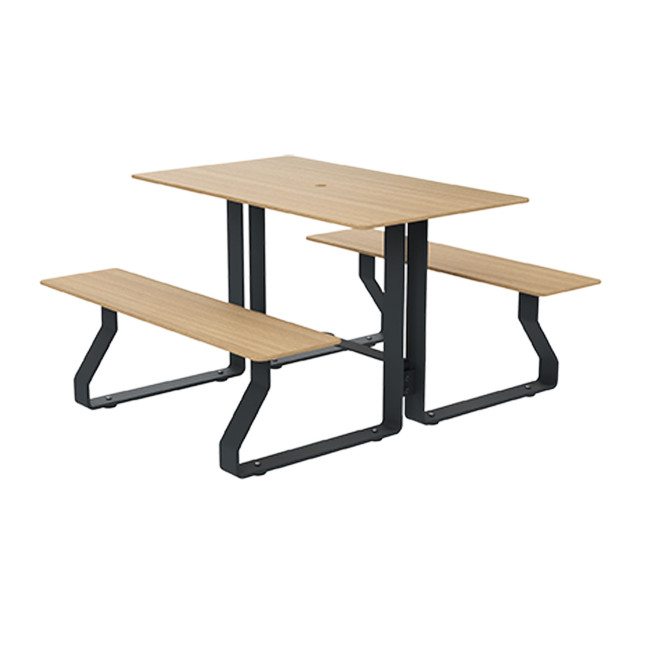 Rectangle Table + Built-in Banquettes Metal Hyssop / HPL + Parasol Hole - 4Places - Anthracite 7016 / Clear Chene