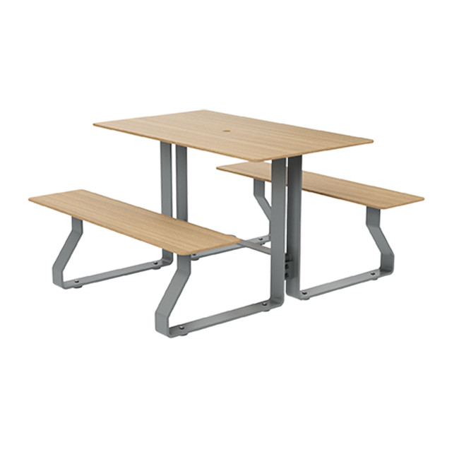 Rectangle Table + Built-in Banquettes Metal Hyssop / HPL + Parasol Hole - 4Places - Anthracite 7016 / Clear Chene