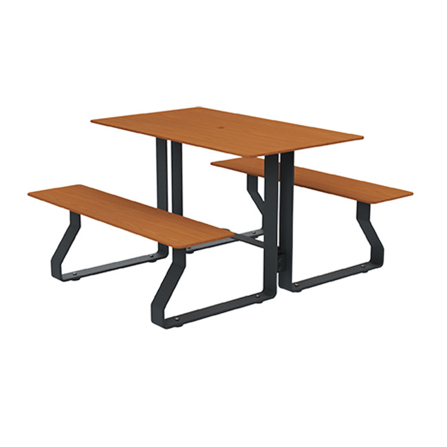 Rectangle Table + Built-in Banquettes Metal Hyssop / HPL + Parasol Hole - 4Places - Anthracite 7016 / Clear Chene