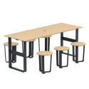 TABLE RECTANGLE + TABOURETS EN MÉTAL / HPL À CHEVILLER + TROU DE PARASOL - 6PLACES