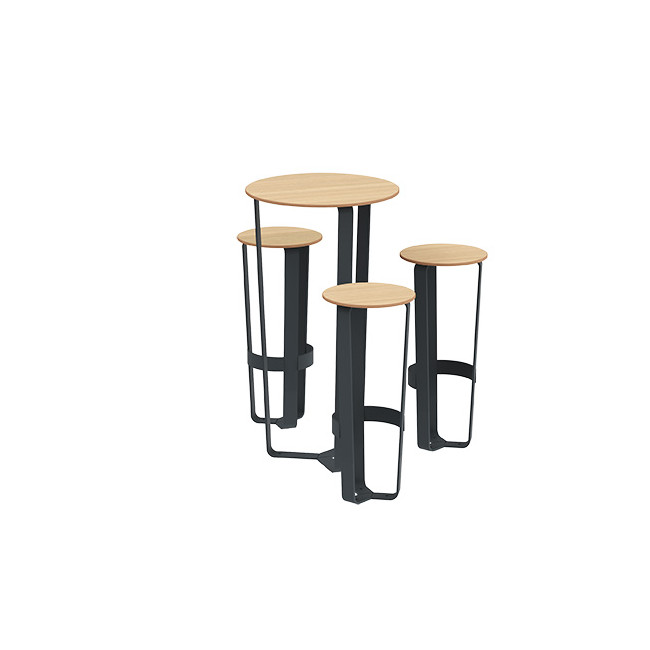 Round table + 3/Seater stools Metal Macis - hpl tok with footrest - anthracite 7016 / clear chene