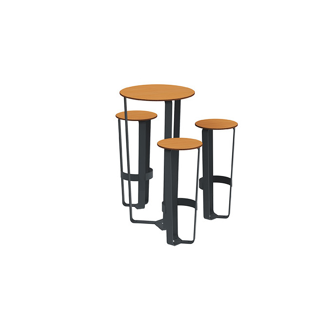Round table + 3/Seater stools Metal Macis - hpl tok with footrest - anthracite 7016 / clear chene