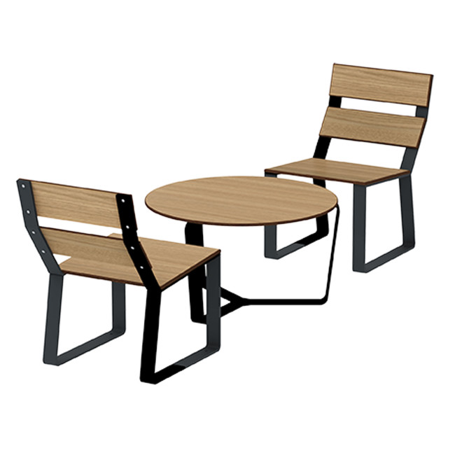 Round coffee table + metal macise armchairs / HPL - 2places - anthracite 7016 / clear chene