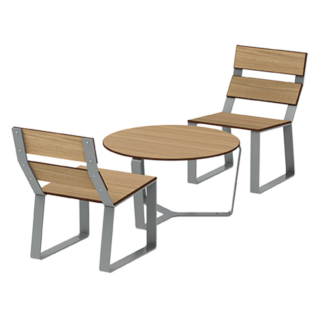 Round coffee table + metal macise armchairs / HPL - 2places - anthracite 7016 / clear chene