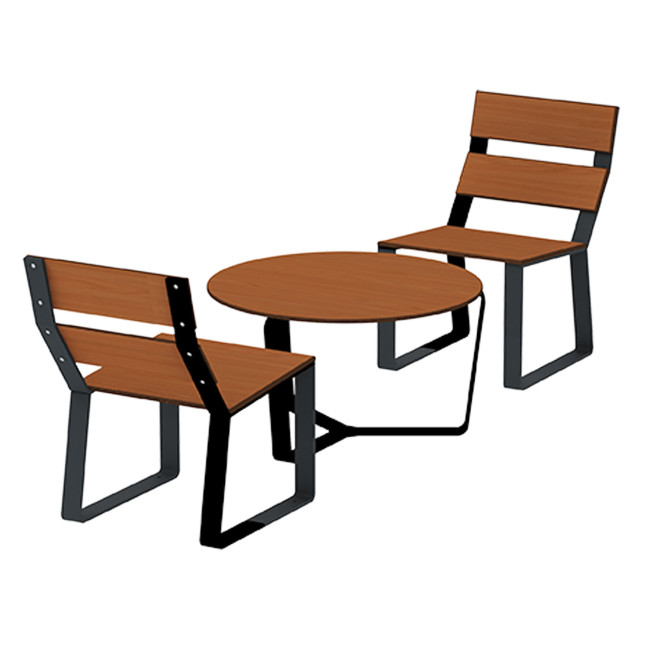 Round coffee table + metal macise armchairs / HPL - 2places - anthracite 7016 / clear chene