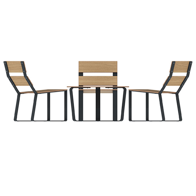 Round coffee table + metal macise armchairs / HPL - 3places - anthracite 7016 / clear chene