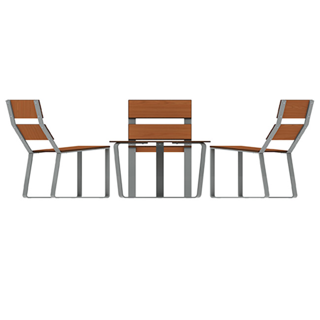 Round coffee table + metal macise armchairs / HPL - 3places - anthracite 7016 / clear chene