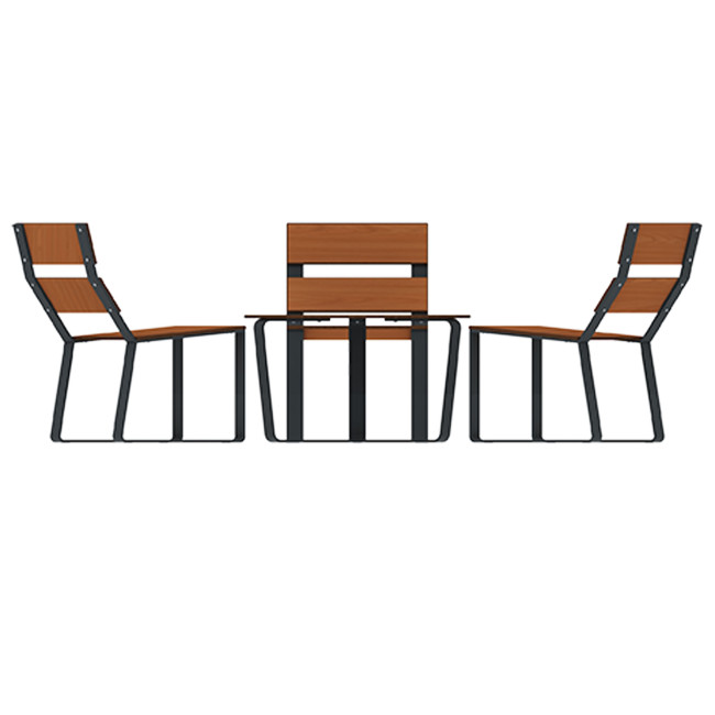 Round coffee table + metal macise armchairs / HPL - 3places - anthracite 7016 / clear chene