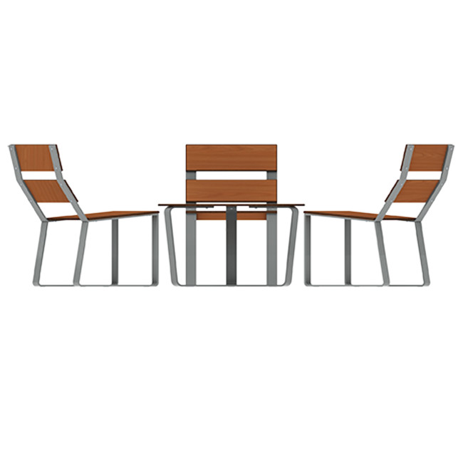Round coffee table + metal macise armchairs / HPL - 3places - anthracite 7016 / clear chene