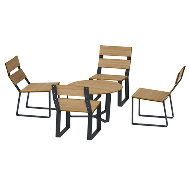 Round coffee table + metal macise armchairs / HPL - 4places - anthracite 7016 / clear chene