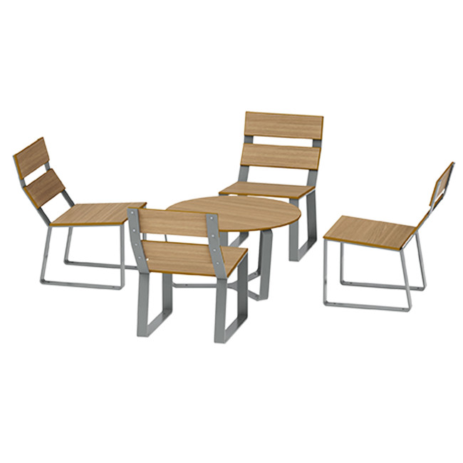 Round coffee table + metal macise armchairs / HPL - 4places - anthracite 7016 / clear chene
