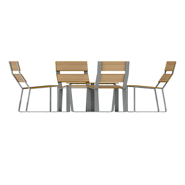 Round coffee table + metal macise armchairs / HPL - 4places - anthracite 7016 / clear chene