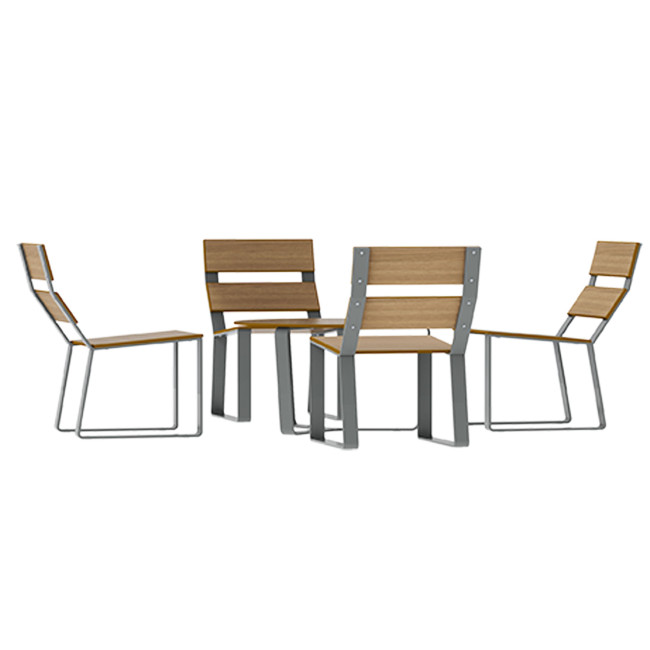 Round coffee table + metal macise armchairs / HPL - 4places - anthracite 7016 / clear chene