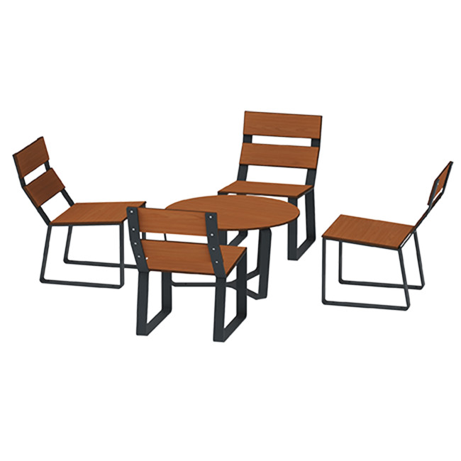 Round coffee table + metal macise armchairs / HPL - 4places - anthracite 7016 / clear chene