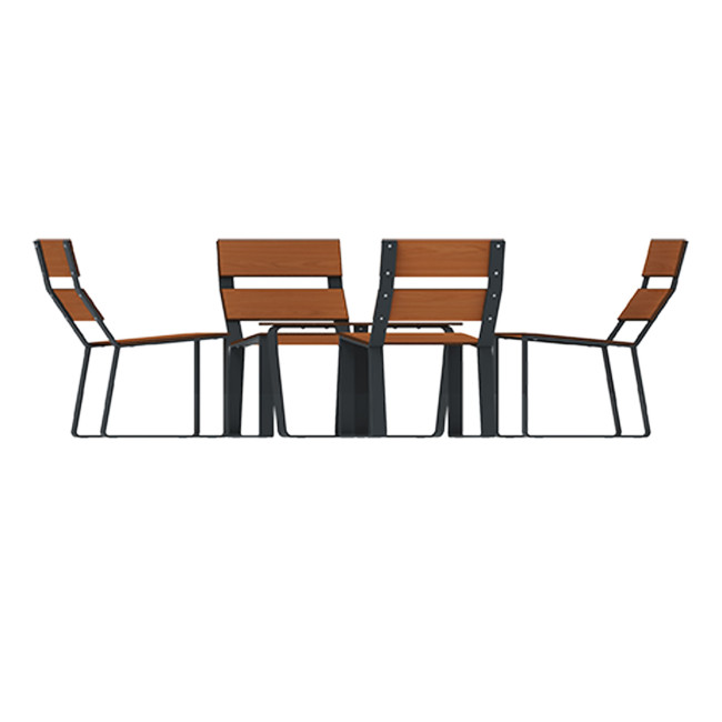 Round coffee table + metal macise armchairs / HPL - 4places - anthracite 7016 / clear chene