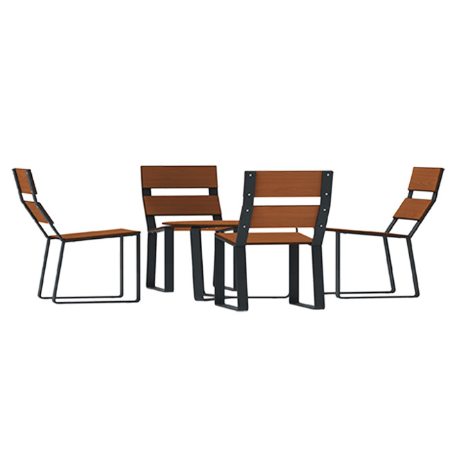 Round coffee table + metal macise armchairs / HPL - 4places - anthracite 7016 / clear chene