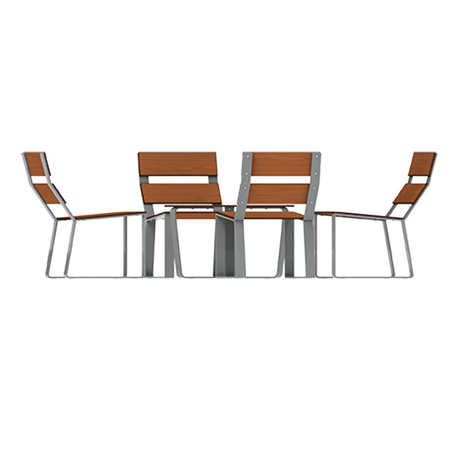 Round coffee table + metal macise armchairs / HPL - 4places - anthracite 7016 / clear chene