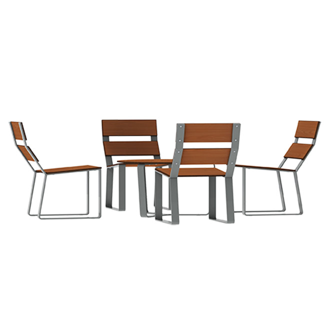 Round coffee table + metal macise armchairs / HPL - 4places - anthracite 7016 / clear chene