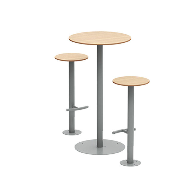High Round Table + Metal Pikor Stools / HPL tok - 2places - anthracite 7016 / cheen clear