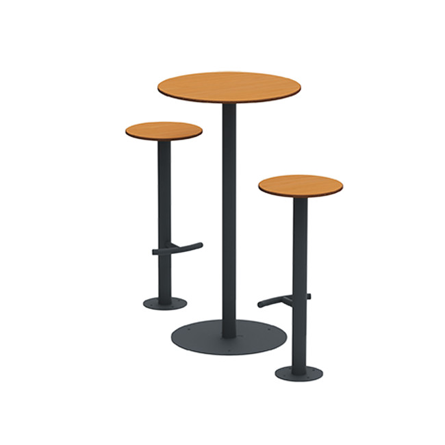 High Round Table + Metal Pikor Stools / HPL tok - 2places - anthracite 7016 / cheen clear