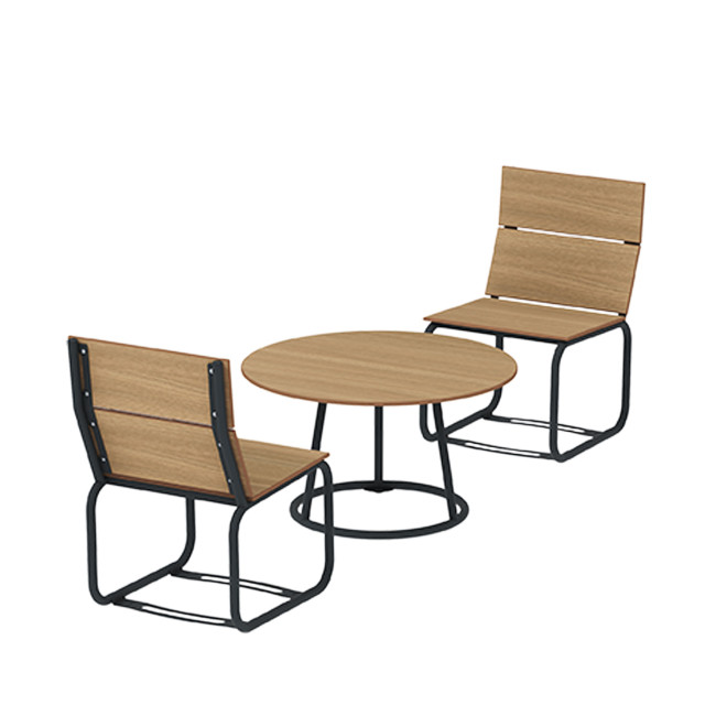 Round Coffee Table + Metal Sollya Armchairs / HPL - 2places - anthracite 7016 / clear chene