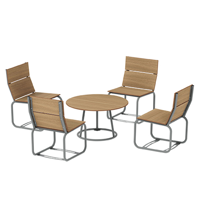 Round Coffee Table + Metal Sollya Armchairs / HPL - 4places - anthracite 7016 / clear chene