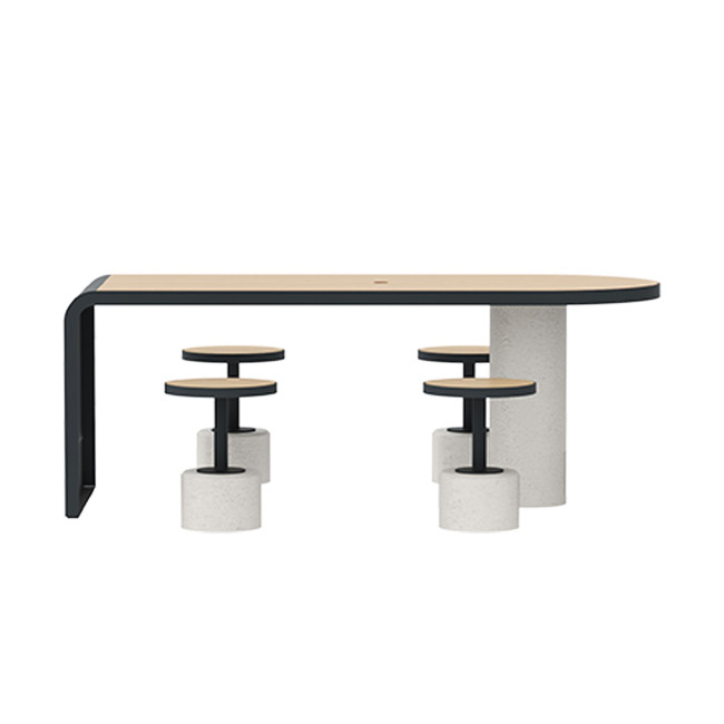 Table + Stools 4 + 1 Places Doriz concrete / metal / HPL to ankle + parasol hole - white sandblasted / anthracite 7016 / chene 