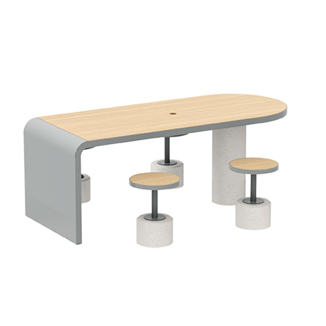 Table + Stools 4 + 1 Places Doriz concrete / metal / HPL to ankle + parasol hole - white sandblasted / anthracite 7016 / chene 