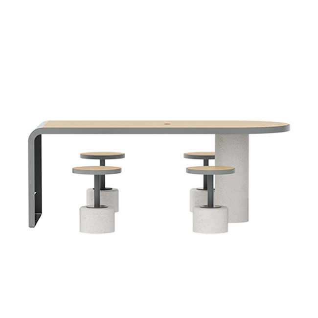 Table + Stools 4 + 1 Places Doriz concrete / metal / HPL to ankle + parasol hole - white sandblasted / anthracite 7016 / chene 