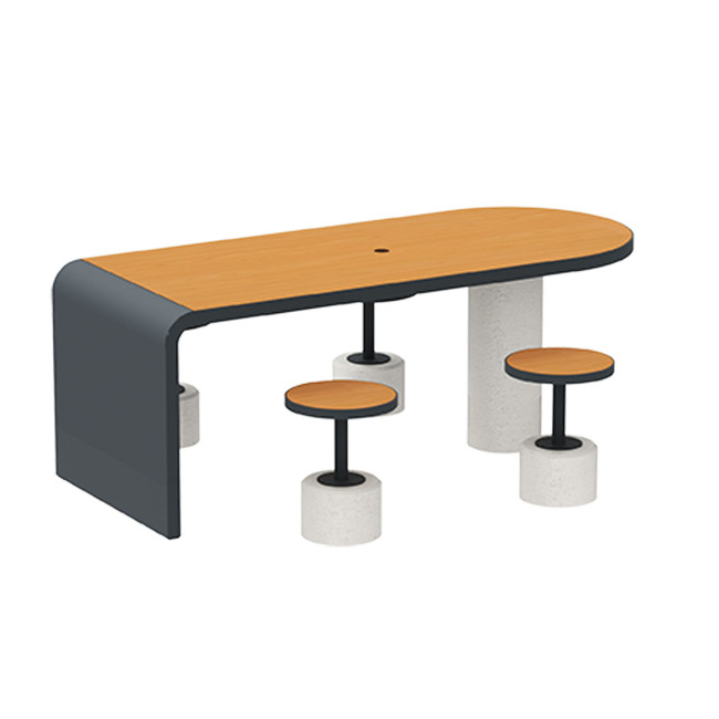 Table + Stools 4 + 1 Places Doriz concrete / metal / HPL to ankle + parasol hole - white sandblasted / anthracite 7016 / chene 