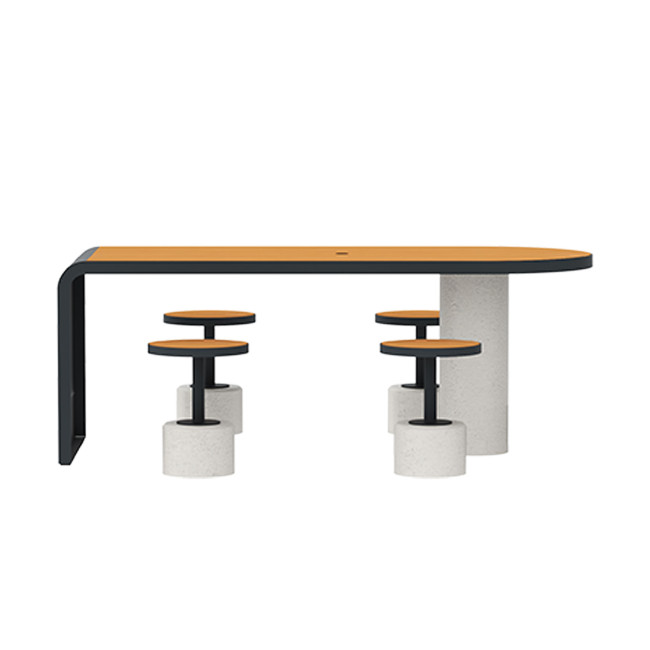 Table + Stools 4 + 1 Places Doriz concrete / metal / HPL to ankle + parasol hole - white sandblasted / anthracite 7016 / chene 