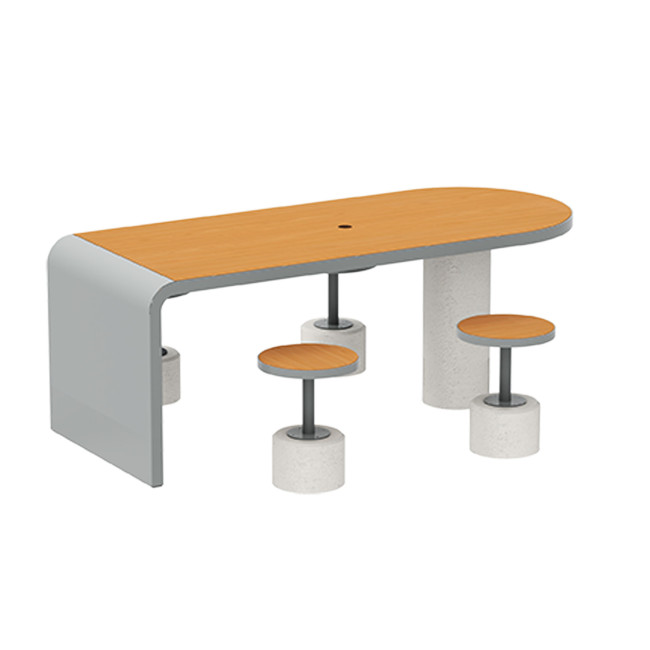 Table + Stools 4 + 1 Places Doriz concrete / metal / HPL to ankle + parasol hole - white sandblasted / anthracite 7016 / chene 