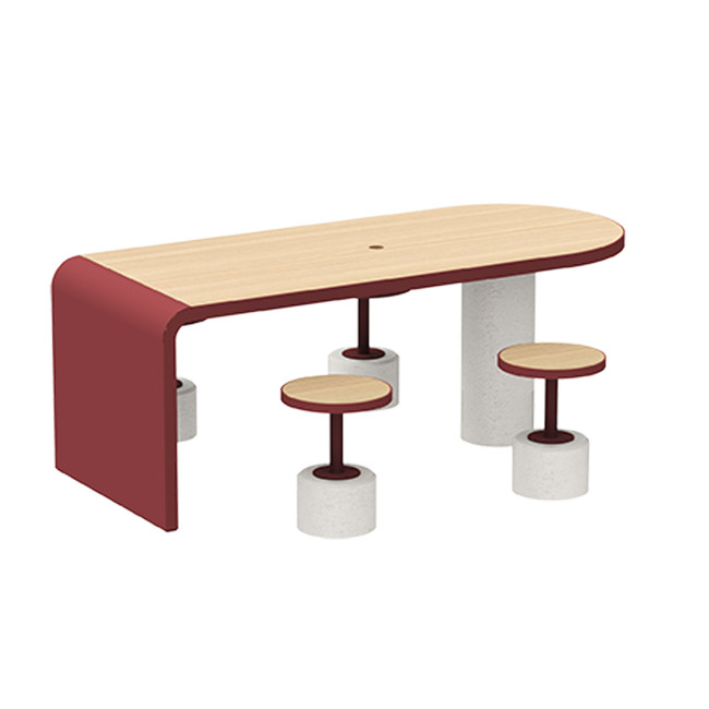 Table + Stools 4 + 1 Places Doriz concrete / metal / HPL to ankle + parasol hole - white sandblasted / anthracite 7016 / chene 