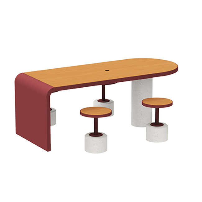 Table + Stools 4 + 1 Places Doriz concrete / metal / HPL to ankle + parasol hole - white sandblasted / anthracite 7016 / chene 