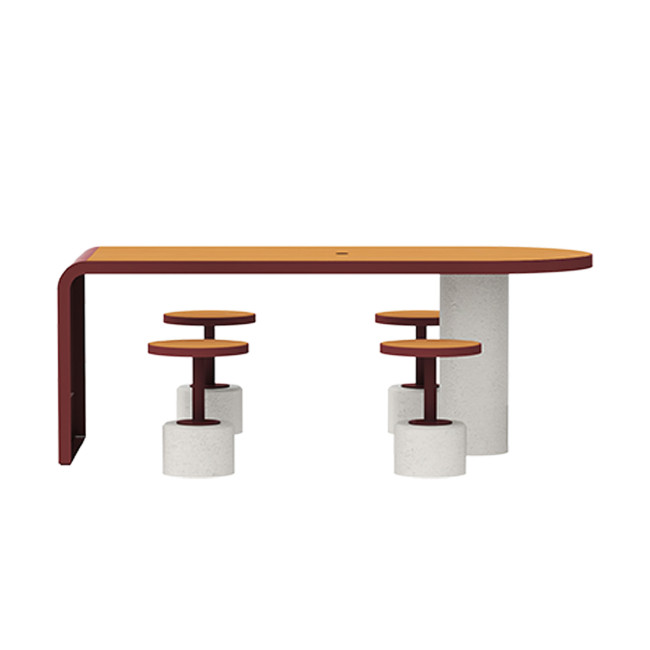 Table + Stools 4 + 1 Places Doriz concrete / metal / HPL to ankle + parasol hole - white sandblasted / anthracite 7016 / chene 