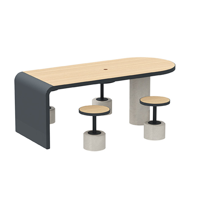 Table + Stools 4 + 1 Places Doriz concrete / metal / HPL to ankle + parasol hole - white sandblasted / anthracite 7016 / chene 