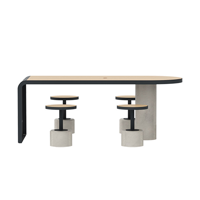 Table + Stools 4 + 1 Places Doriz concrete / metal / HPL to ankle + parasol hole - white sandblasted / anthracite 7016 / chene 