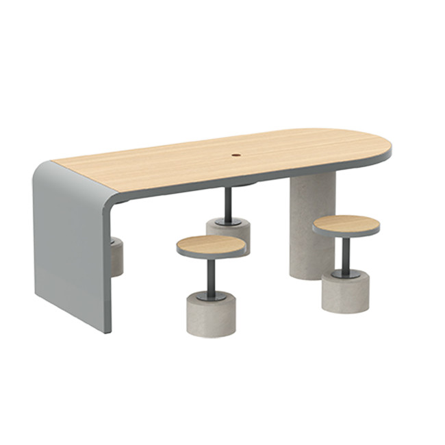 Table + Stools 4 + 1 Places Doriz concrete / metal / HPL to ankle + parasol hole - white sandblasted / anthracite 7016 / chene 