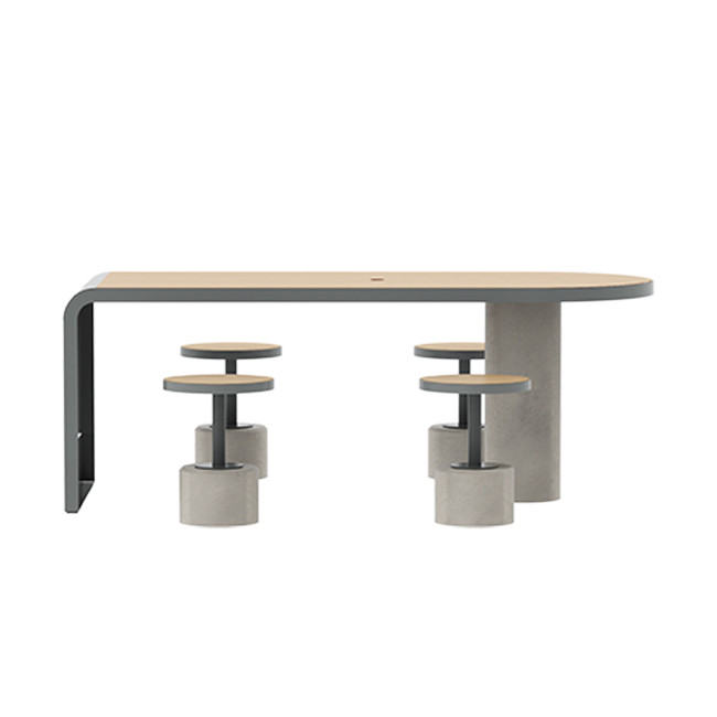 Table + Stools 4 + 1 Places Doriz concrete / metal / HPL to ankle + parasol hole - white sandblasted / anthracite 7016 / chene 