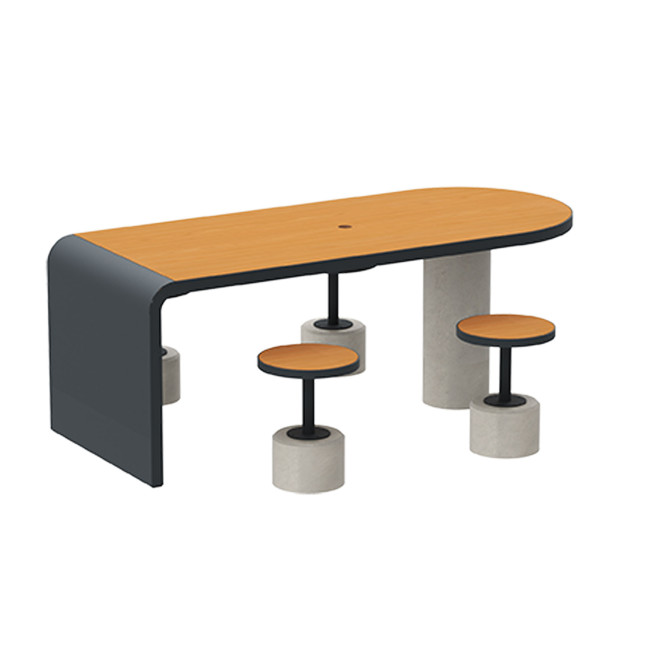Table + Stools 4 + 1 Places Doriz concrete / metal / HPL to ankle + parasol hole - white sandblasted / anthracite 7016 / chene 