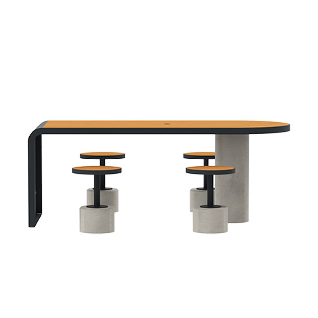 Table + Stools 4 + 1 Places Doriz concrete / metal / HPL to ankle + parasol hole - white sandblasted / anthracite 7016 / chene 