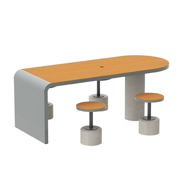 Table + Stools 4 + 1 Places Doriz concrete / metal / HPL to ankle + parasol hole - white sandblasted / anthracite 7016 / chene 
