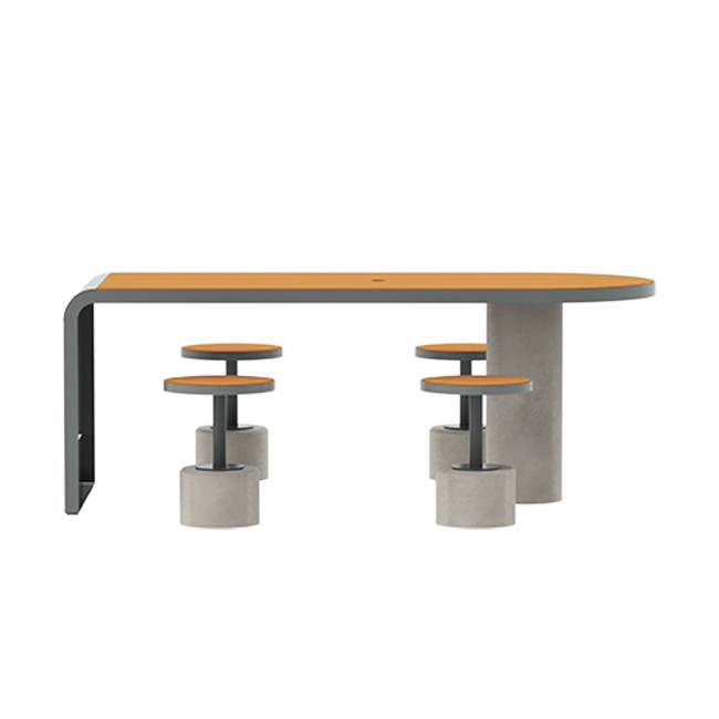 Table + Stools 4 + 1 Places Doriz concrete / metal / HPL to ankle + parasol hole - white sandblasted / anthracite 7016 / chene 