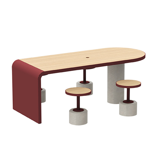 Table + Stools 4 + 1 Places Doriz concrete / metal / HPL to ankle + parasol hole - white sandblasted / anthracite 7016 / chene 