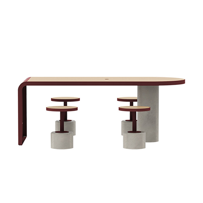 Table + Stools 4 + 1 Places Doriz concrete / metal / HPL to ankle + parasol hole - white sandblasted / anthracite 7016 / chene 