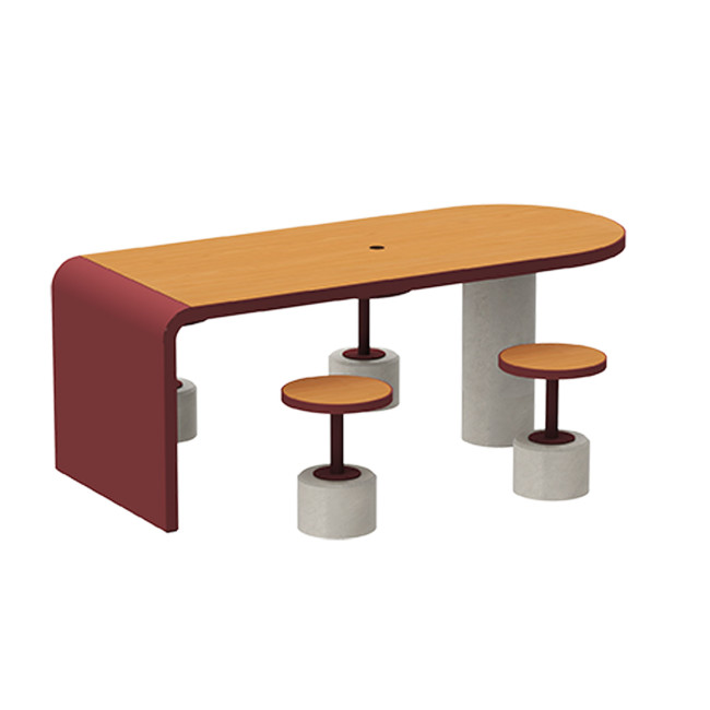 Table + Stools 4 + 1 Places Doriz concrete / metal / HPL to ankle + parasol hole - white sandblasted / anthracite 7016 / chene 