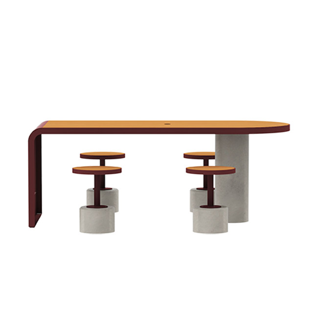 Table + Stools 4 + 1 Places Doriz concrete / metal / HPL to ankle + parasol hole - white sandblasted / anthracite 7016 / chene 
