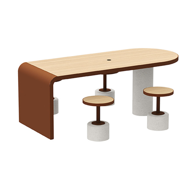 Table + Stools 4 + 1 Places Doriz concrete / metal / HPL to ankle + parasol hole - white sandblasted / anthracite 7016 / chene 
