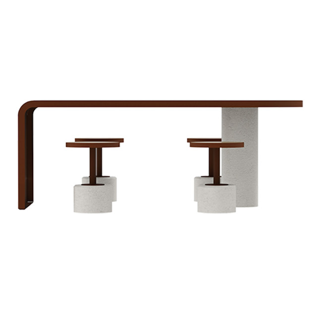 Table + Stools 4 + 1 Places Doriz concrete / metal / HPL to ankle + parasol hole - white sandblasted / anthracite 7016 / chene 