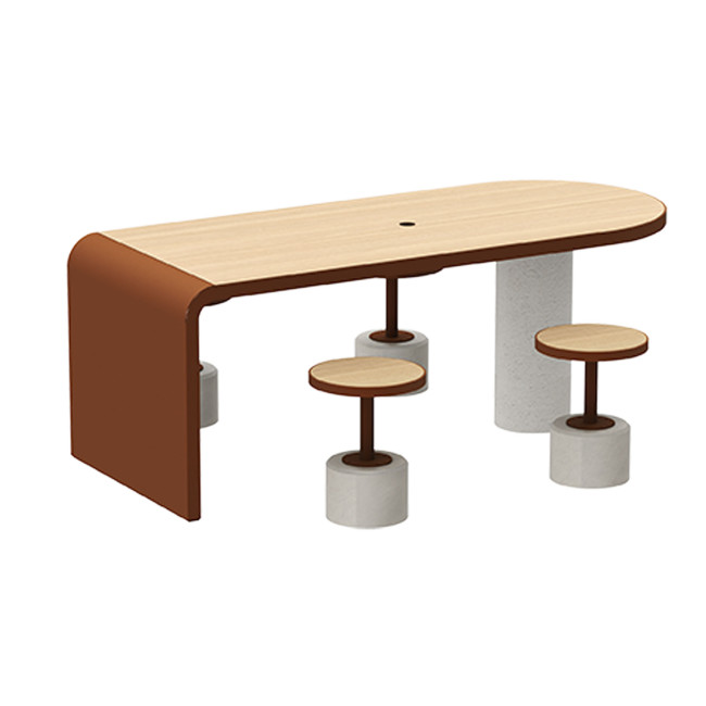 Table + Stools 4 + 1 Places Doriz concrete / metal / HPL to ankle + parasol hole - white sandblasted / anthracite 7016 / chene 